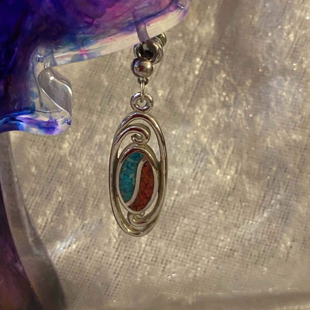 Southwest Turquoise Oval Silver Pierced Earrings - Picture 3 of 12